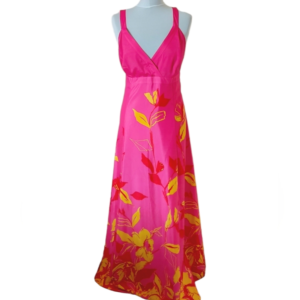 Debut Pink Floral Maxi Dress Size 16 Empire Line Yellow Red Print Pattern Lined. - Picture 1 of 10